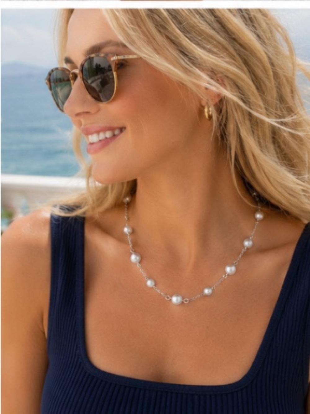 Vintage Napier White Faux Pearl Station Necklace Silver Tone 16” Signed